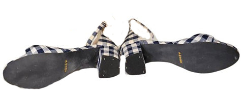 NEW NEVER WORN - YDN NAVY & WHITE GINGHAM PLAID KNOTTED TOP WITH BLOCK HEEL ANKLE STRAP