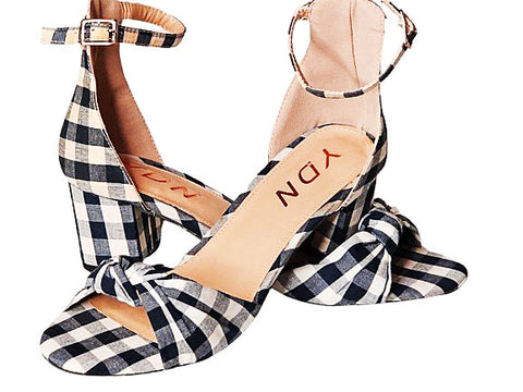 NEW NEVER WORN - YDN NAVY & WHITE GINGHAM PLAID KNOTTED TOP WITH BLOCK HEEL ANKLE STRAP