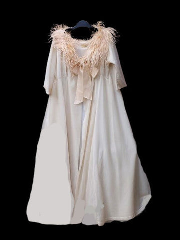 VINTAGE ODETTE BARSA FROM DORTHY'S IN TULSA 3 LAYER DRESSING GOWN ROBE ADORNED WITH MARABOU AND SATIN RIBBON IN CHAMPAGNE BUBBLES