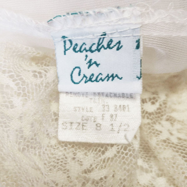 VINTAGE PEACHES ’N CREAM HALF SLIP – WHITE NYLON WITH WIDE ECRU LACE RUFFLE • 1950S STYLE • FULL SCALLOPED HEM