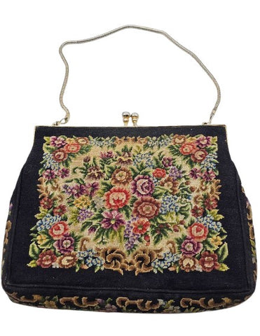 VINTAGE FLORAL & LEAF PETIT POINT NEEDLEPOINT TAPESTRY PURSE WITH A BEAUTIFUL GOLD FRAME