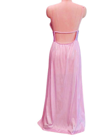 VINTAGE LILY OF FRANCE ROSA PULEO SZULE LACE PLEATED NIGHTGOWN W BEAUTIFUL OPEN BACK IN JUNGLE ORCHID
