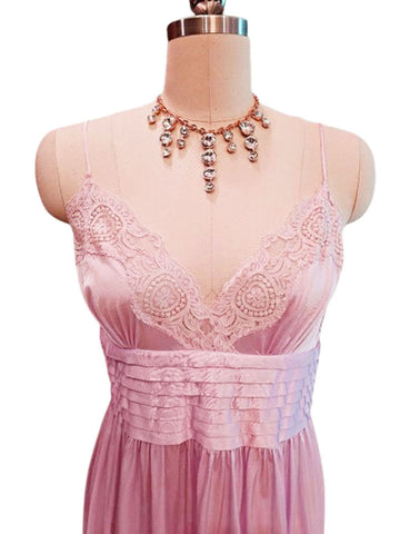 VINTAGE LILY OF FRANCE ROSA PULEO SZULE LACE PLEATED NIGHTGOWN W BEAUTIFUL OPEN BACK IN JUNGLE ORCHID