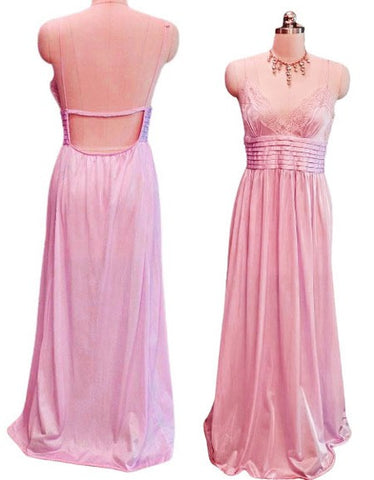 VINTAGE LILY OF FRANCE ROSA PULEO SZULE LACE PLEATED NIGHTGOWN W BEAUTIFUL OPEN BACK IN JUNGLE ORCHID