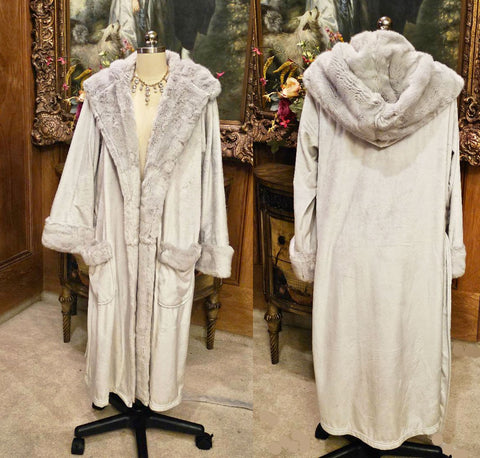 SOLD - BRAND NEW POTTERY BARN  LARGE SILVERY GRAY PLUSH FAUX FUR ROBE WITH HOOD & BELT
