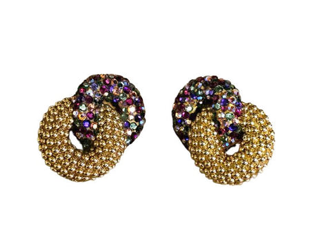 VINTGE 1970s RICHARD KERR SPARKLING MULTI-COLORED & GOLD-TONE CRYSTAL DOUBLE LOOP CLIP ON EARRINGS