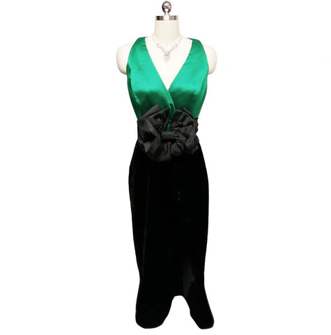 VINTAGE RIMINI EMERALD SATIN & BLACK VELVET EVENING GOWN - GORGEOUS COLOR COMBINATION!