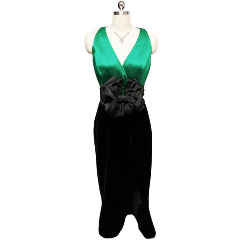 VINTAGE RIMINI EMERALD SATIN & BLACK VELVET EVENING GOWN - GORGEOUS COLOR COMBINATION!
