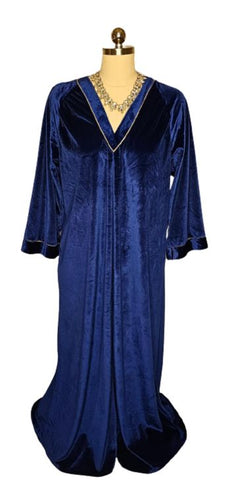VINTAGE VELVETY ROBE CAFTAN WITH GOLD METALLIC TRIM IN MIDNIGHT SAPPHIRE