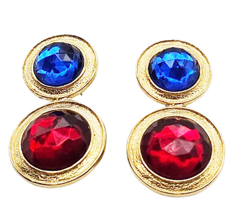 VINTAGE 1980s ROYAL BLUE AND RUBY RED MULTI-FACETED DOME SHAPE RHINESTONE DANGLE EARRINGS