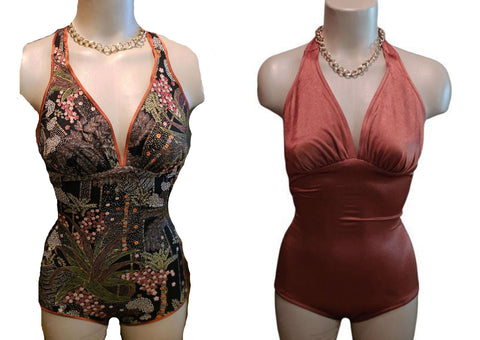 VINTAGE HALTER REVERSIBLE SPANDEX SWIMSUIT IN COPPER AND FLORAL PRINT - 2 SWIM SUITS IN ONE