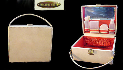 VINTAGE CHIC SAKS FIFTH AVENUE COSMETIC OVERNIGHT TRAIN CASE W COSMETIC CONTAINERS
