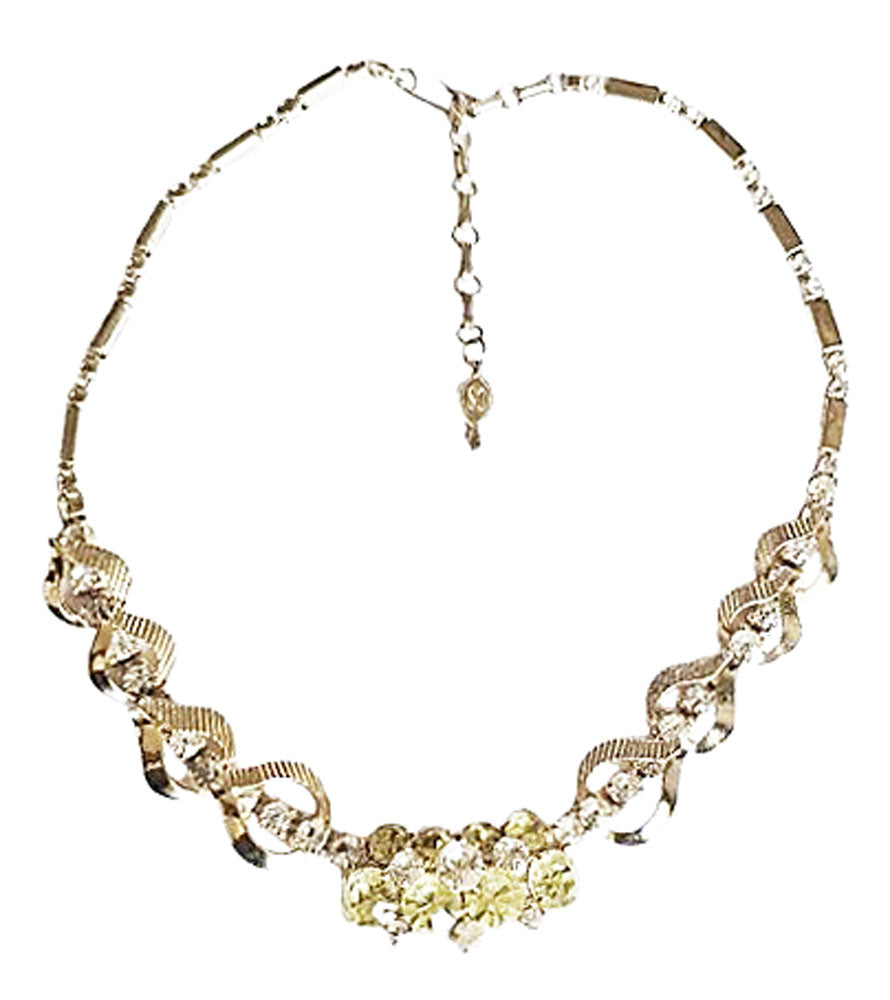 VINTAGE SARAH COVENTRY CHUNKY LEMON COLORED AND CLEAR RHINESTONE SIGNED NECKLACE