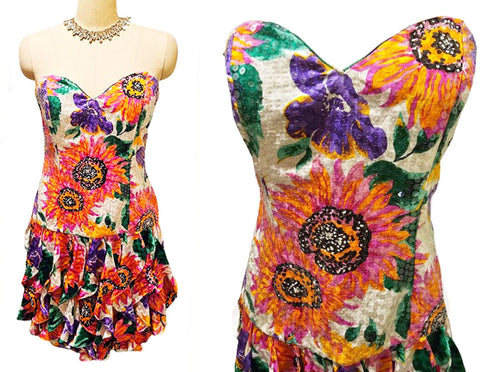 VINTAGE FLORAL SEQUIN SWEETHEART NECKLINE BIAS FLOUNCE SILK PARTY DRESS
