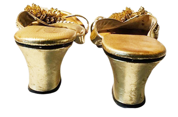 VINTAGE SHOE HORN LAS VEGAS GOLD MULES W BEADING DECORATION SLIP ONS  RESORT HIGH HEEL SANDALS