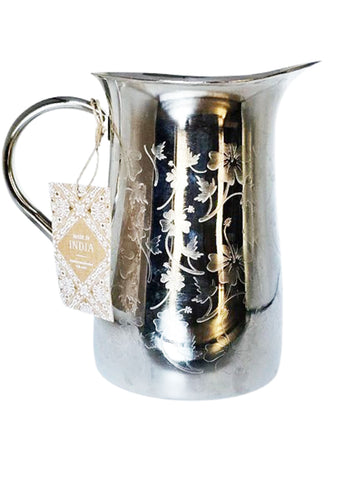 NEW WITH TAG - SILVER TONE METAL FLORAL & LEAF DESIGN PITCHER