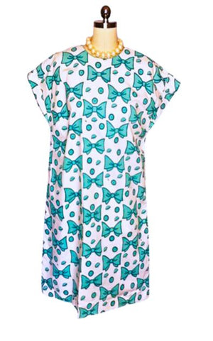 VINTAGE THE VESTED GENTRESS BUTTONS AND BOWS HAND SCREEN PRINT LOGO SHIFT DRESS