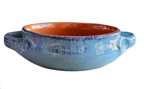 NEW - TURQUOISE GLAZED TERRACOTTA SALSA OR DIP BOWL WITH HANDLES MADE IN ITALY - (1 BOWL)
