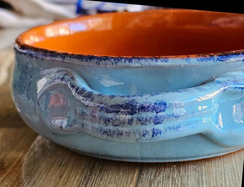 NEW - TURQUOISE GLAZED TERRACOTTA SALSA OR DIP BOWL WITH HANDLES MADE IN ITALY - (1 BOWL)
