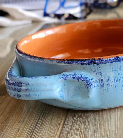 NEW - TURQUOISE GLAZED TERRACOTTA SALSA OR DIP BOWL WITH HANDLES MADE IN ITALY - (1 BOWL)
