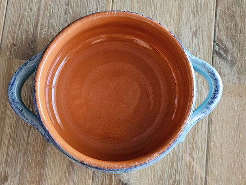 NEW - TURQUOISE GLAZED TERRACOTTA SALSA OR DIP BOWL WITH HANDLES MADE IN ITALY - (1 BOWL)