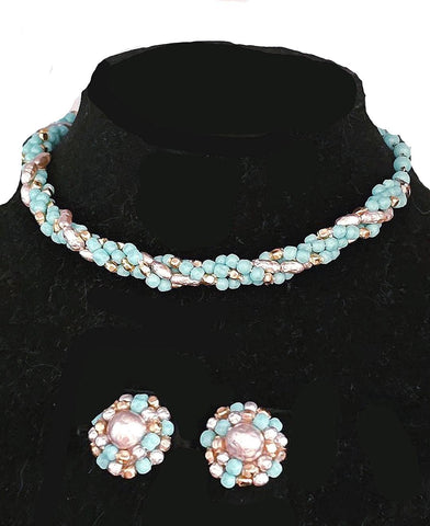 OLD HOLLYWOOD FOUR-STRAND CHOKER – TURQUOISE, PEARL & GOLDEN BEADS
