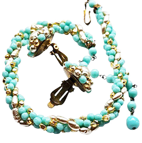 OLD HOLLYWOOD FOUR-STRAND CHOKER – TURQUOISE, PEARL & GOLDEN BEADS
