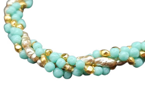 OLD HOLLYWOOD FOUR-STRAND CHOKER – TURQUOISE, PEARL & GOLDEN BEADS