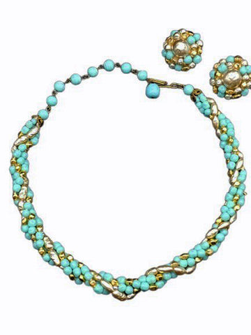 OLD HOLLYWOOD FOUR-STRAND CHOKER – TURQUOISE, PEARL & GOLDEN BEADS