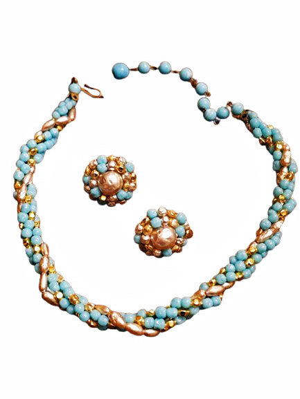 OLD HOLLYWOOD FOUR-STRAND CHOKER – TURQUOISE, PEARL & GOLDEN BEADS