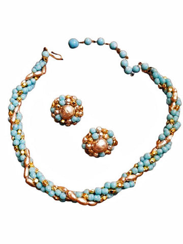 OLD HOLLYWOOD FOUR-STRAND CHOKER – TURQUOISE, PEARL & GOLDEN BEADS