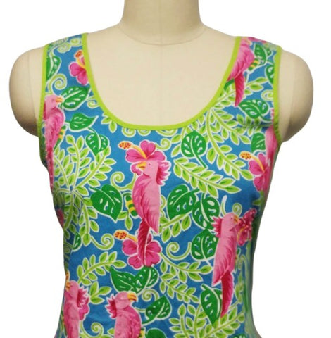 ADORABLE SUMMER COCKATOO PARROT HOT PINK & GREEN SHIFT DRESS - SIZE LARGE - PERFECT FOR SHOPPING, AT HOME OR VACATION