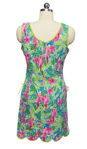 ADORABLE SUMMER COCKATOO PARROT HOT PINK & GREEN SHIFT DRESS - SIZE LARGE - PERFECT FOR SHOPPING, AT HOME OR VACATION