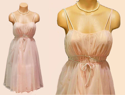 VINTAGE VANITY FAIR DOUBLE NYLON FANTASY NIGHTGOWN IN PINK AND MINT GREEN