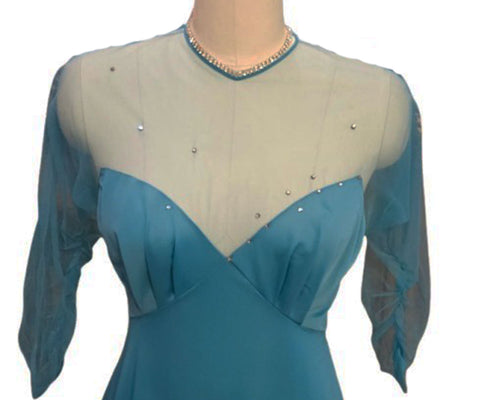 VINTAGE 1959 VANITY FAIR SPARKLING RHINESTONE ILLUSION NIGHTGOWN IN SEA GODDESS