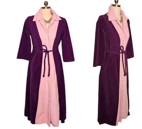 *   LUXURIOUS VINTAGE AT HOME WEAR FOR VAN RAALTE PINK AND PURPLE 2 TONE BUTTON UP ROBE WITH BELT