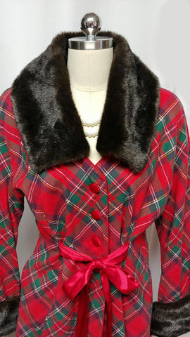 GORGEOUS RED PLAID DRESSING GOWN / HOSTESS DRESS ADORNED WITH FAUX FUR COLLAR & CUFFS WITH A GRAND SWEEP - PERFECT FOR CHRISTMAS ENTERTAINING OR WHEN OPENING PRESENTS