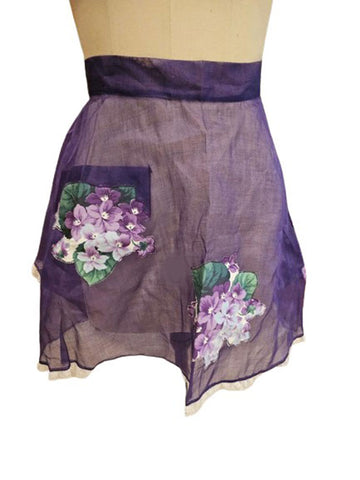 VINTAGE VIOLETS AND LEAVES ORGANZA APRON LACE TRIMMED JUST BEAUTIFUL PURPLE APRON VIOLETS APRON 60S APRON 50S APRON
