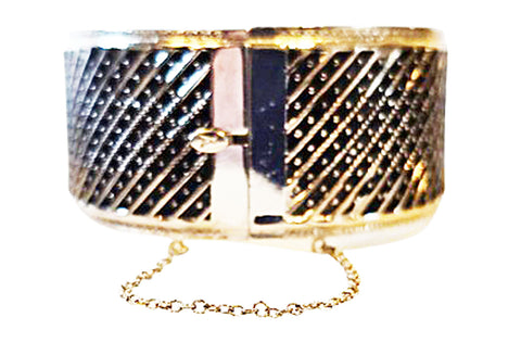 VINTAGE WHITING & DAVID SIGNED HEAVY SILVER-TONE METAL HING CUFF BRACELET WITH SAFETY CHAIN