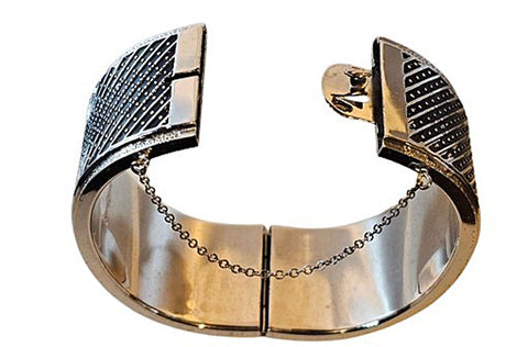 VINTAGE WHITING & DAVID SIGNED HEAVY SILVER-TONE METAL HING CUFF BRACELET WITH SAFETY CHAIN