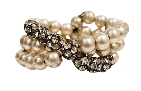 VINTAGE GLAMOROUS RHINESTONE AND FAUX PEARL WIRE WRAP CUFF BRACELET