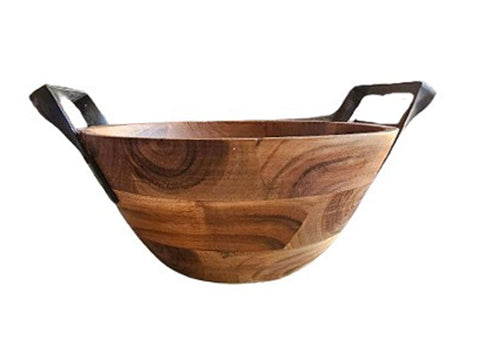 SOLD - NEW - WOOD SALAD BOWL WITH METAL HANDLES - PERFECT FOR SALADS OR AS A DECORATIVE BOWL TO DISPLAY FRUIT - (1 BOWL)