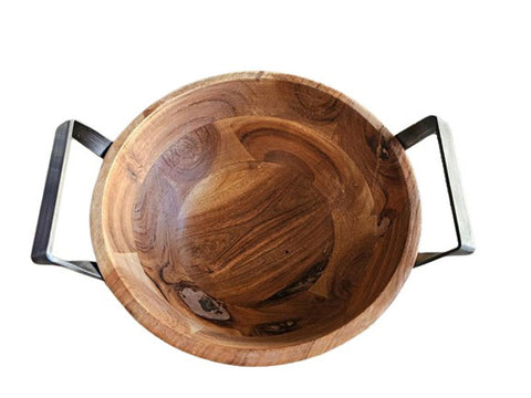 SOLD - NEW - WOOD SALAD BOWL WITH METAL HANDLES - PERFECT FOR SALADS OR AS A DECORATIVE BOWL TO DISPLAY FRUIT - (1 BOWL)