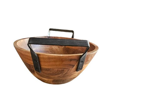 SOLD - NEW - WOOD SALAD BOWL WITH METAL HANDLES - PERFECT FOR SALADS OR AS A DECORATIVE BOWL TO DISPLAY FRUIT - (1 BOWL)