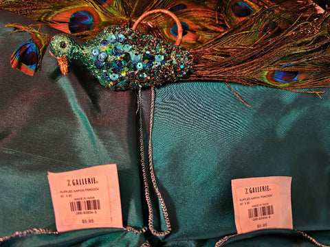 NEW - Z GALLERIE RETIRED PEACOCK PLACE MATS, SPARKLING SEQUIN NAPKIN RINGS & NAPKINS (2 OF EACH)