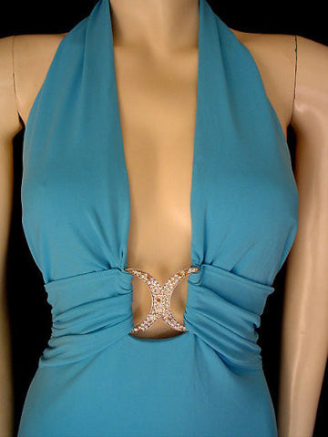 *CACHE GODDESS PLUNGING HALTER EVENING GOWN WITH RHINESTONES - BEAUTIFUL BACKLESS BACK