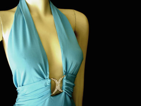 *CACHE GODDESS PLUNGING HALTER EVENING GOWN WITH RHINESTONES - BEAUTIFUL BACKLESS BACK