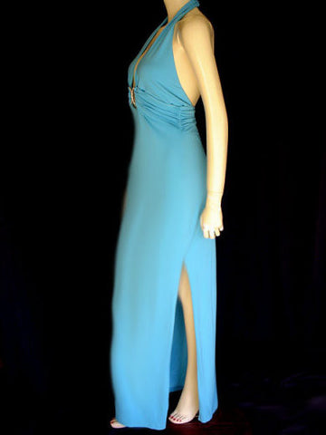 *CACHE GODDESS PLUNGING HALTER EVENING GOWN WITH RHINESTONES - BEAUTIFUL BACKLESS BACK
