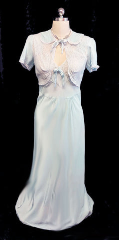 *VINTAGE 1930s LACE BED JACKET AND BIAS NIGHTGOWN SET IN ANTIQUE BLUE