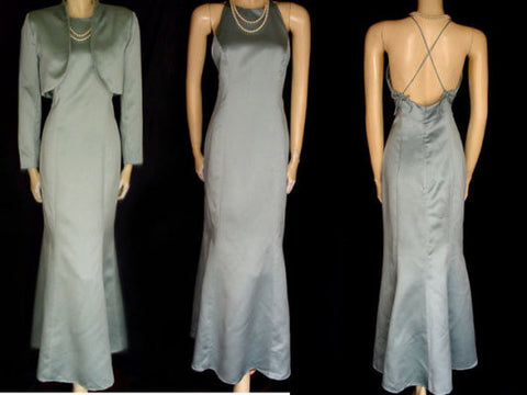 *VINTAGE OLEG CASSINI SEAFOAM HALTER EVENING GOWN WITH MATCHING BOLERO JACKET - GORGEOUS CRISS CROSS BACK